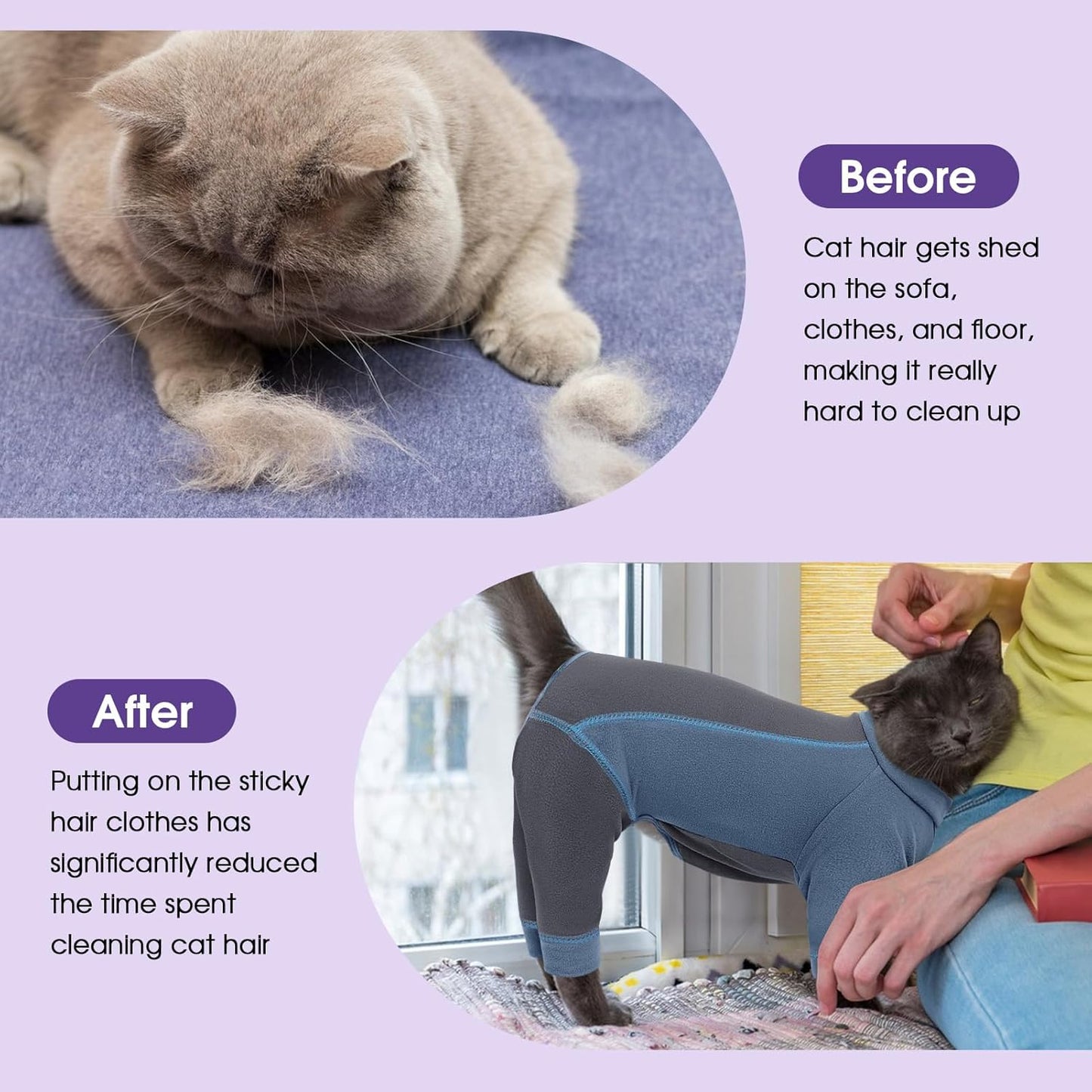 SUNFURA Hair Sticky Cat Clothes, Cat Sweater for Cats Only, 4-Legged Fleece Sweaters Kitten Pajamas Reduce Shedding Fur, Warm Pullover Shirts for Cats, Blue M