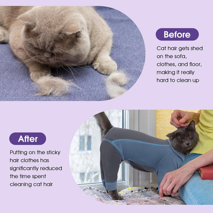 SUNFURA Hair Sticky Cat Clothes, Cat Sweater for Cats Only, 4-Legged Fleece Sweaters Kitten Pajamas Reduce Shedding Fur, Warm Pullover Shirts for Cats, Blue L