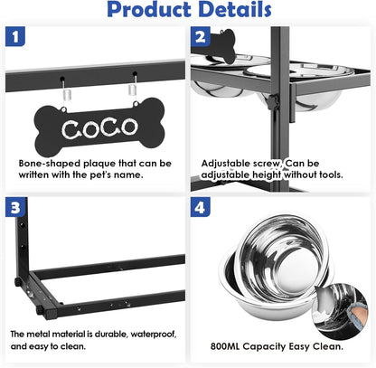 Elevated Dog Bowls for Medium and Small Dogs, 5 Height Adjustable & 2 Stainless Steel Bowls 800ml/27oz, Raised Food Dog Water Stand