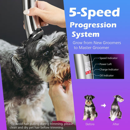 Professional Dog Grooming Clippers with Charging Dock, 5-in-1 Adjustable Blade Cordless Pet Grooming Kit 5 Speed Rechargeable Trimmer Hair Shaver with Detachable Guide Combs for Animal Horse