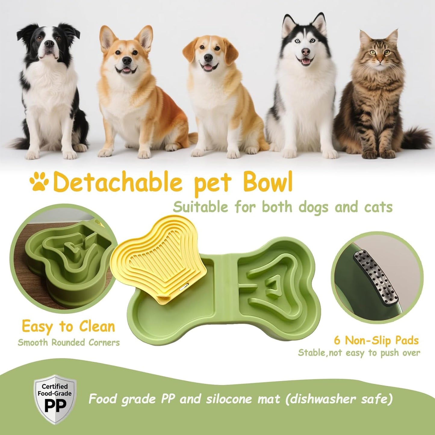 Bone Slow Feeder Bowl for Dogs Cats - 2-in-1 Lick Mat & Water Dish with 6 Non-Slip Pads, Food-Grade PP & Silicone Pet Bowl for Anti-Choking，Fun Feeding，Anxiety Relief (Green)