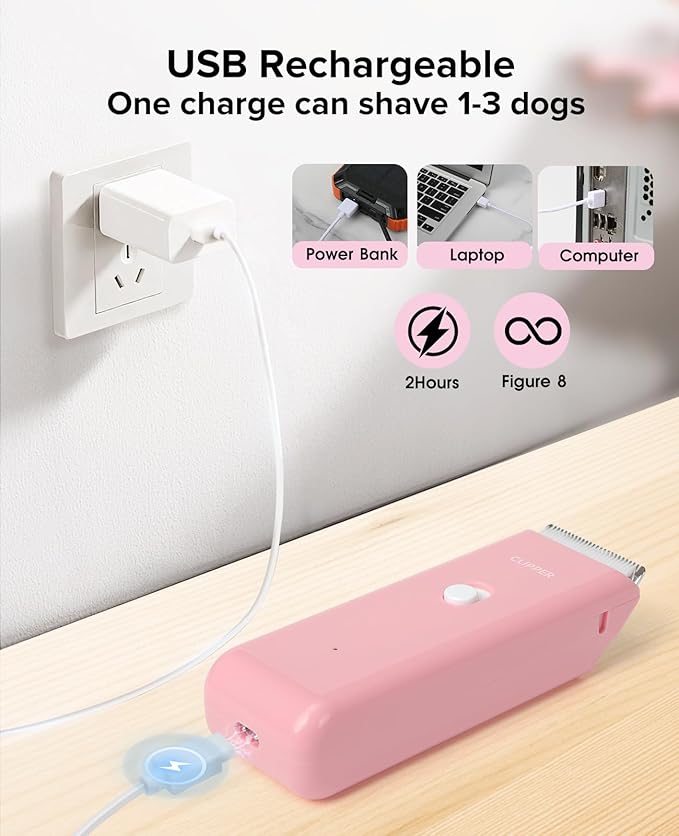 Dog Clipper for Matted & Long Hair,Quiet Pet Paw Hair Trimming Groomer,Handy Cordless Rechargeable Waterproof Shaver Kits for Cats,Small Dogs & Animals Pink