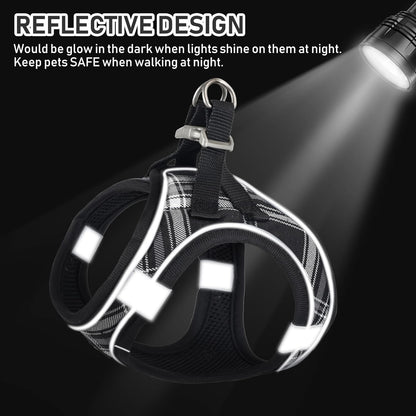 GAMUDA Small Dog Harness Collar and Leash Set, Step in No Chock No Pull Soft Mesh Adjustable Dog Vest Harnesses Plaid Reflective for Dogs Puppy Cats Kitten Rabbit (Black, XXS)