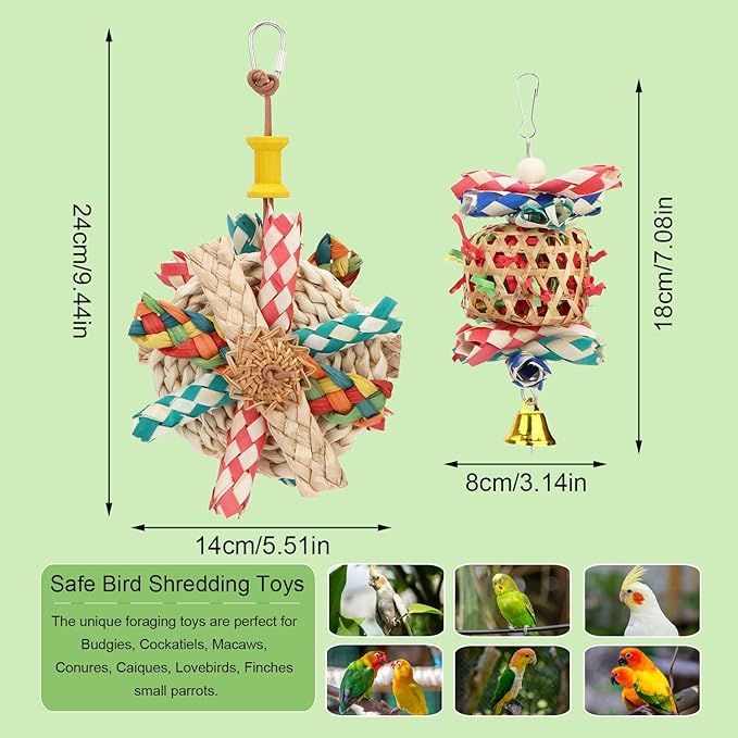 Hypeety Bird Foraging Toys Natural Seagrass Woven Basket Parrot Foraging Chewing Toy with Bell Parakeet Hanging Toys for Cockatiel Sun Parakeet Budgie Lovebirds (2pcs Bite Cake + Woven Basket)