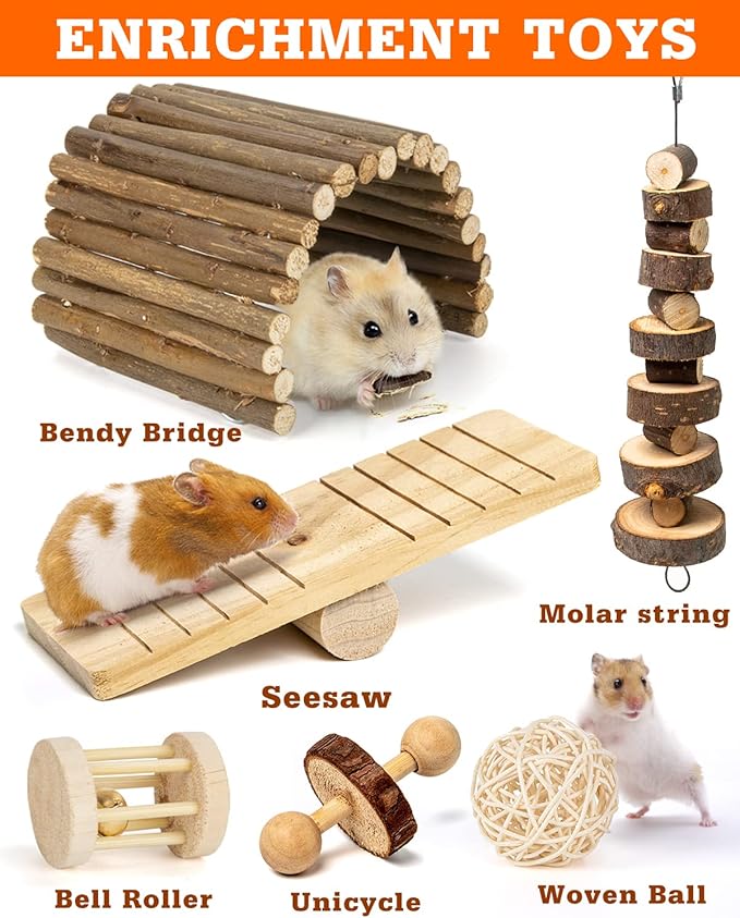 Sofier Hamster, Guinea Pig Toys Accessories Natural Chews for Teeth Rabbit Bunny Rat Chinchilla Hideout Ball Apple Wood Timothy Hay Sticks