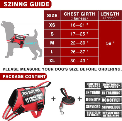 Service Dog Vest Harness and Leash Set+10 Patches,No Pull&Adjustable Reflective Dog Harness with Soft Padded Handle for Training/Everyday,Fit Small/Medium/Large/Extra-Large Dogs(Red L)