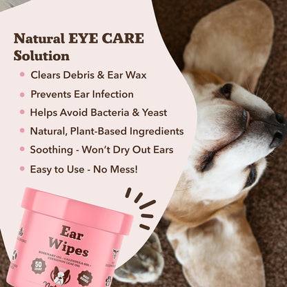 Natural Dog Ear Wipes (50 Ct) Essential Oil Infused Hygenic Dog Ear Cleanser for Dogs, Reduces Odor, Soothing Calendula, Aloe Vera, Witch Hazel, Dog Ear Itch Relief, Vegan