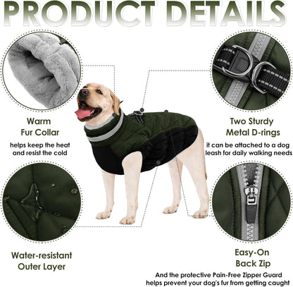 AOFITEE Dog Coat, Warm Dog Winter Coat, Reflective Turtleneck Large Dogs Jacket with Harness Built in, Turtleneck Pet Winter Jacket, Waterproof Pet Snow Jackets Fleece Vest, Green XL
