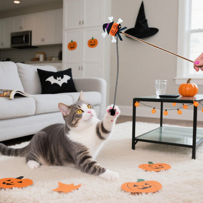 Halloween Cat Teaser Wand, 2 Pack Interactive Cat Wands Toys with Pumpkin Witch Spider and Trident Skull Tassels, Fun Exerciser for Kittens and Cats