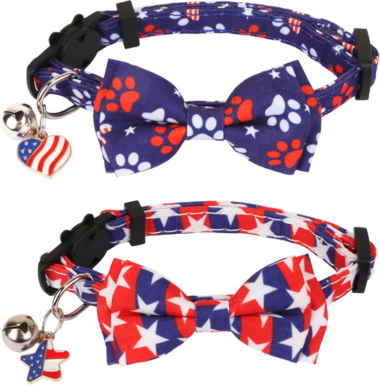 ADOGGYGO American Flag Cat Collar Breakaway with Bow Tie Bell - 2 Pack 4th of July Kitten Collar with Removable Bowtie Red Blue American Flag Collars for Cat Kitten