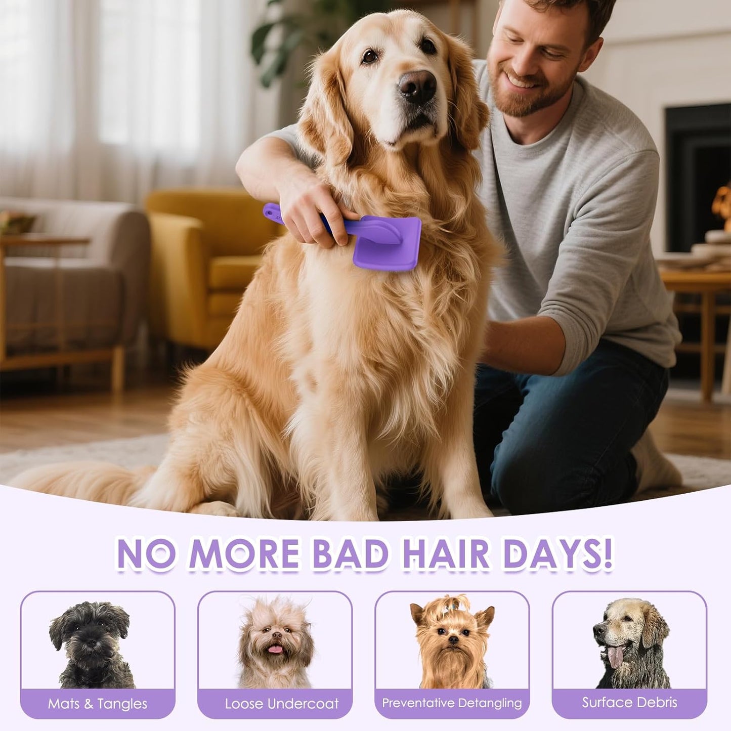 Large Dog Slicker Brush & Comb Set with Leather Sleeves - Long Pin Deshedding Brush for Golden Retrievers, Poodles, Doodles & Thick Coats, Wood Handle Pet Grooming Kit for Dogs, Cats. Purple