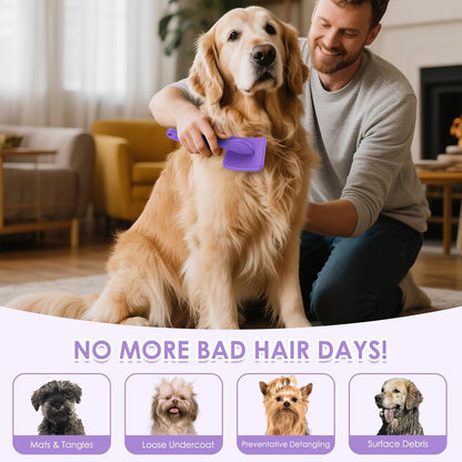 Large Dog Slicker Brush & Comb Set with Leather Sleeves - Long Pin Deshedding Brush for Golden Retrievers, Poodles, Doodles & Thick Coats, Wood Handle Pet Grooming Kit for Dogs, Cats. Purple