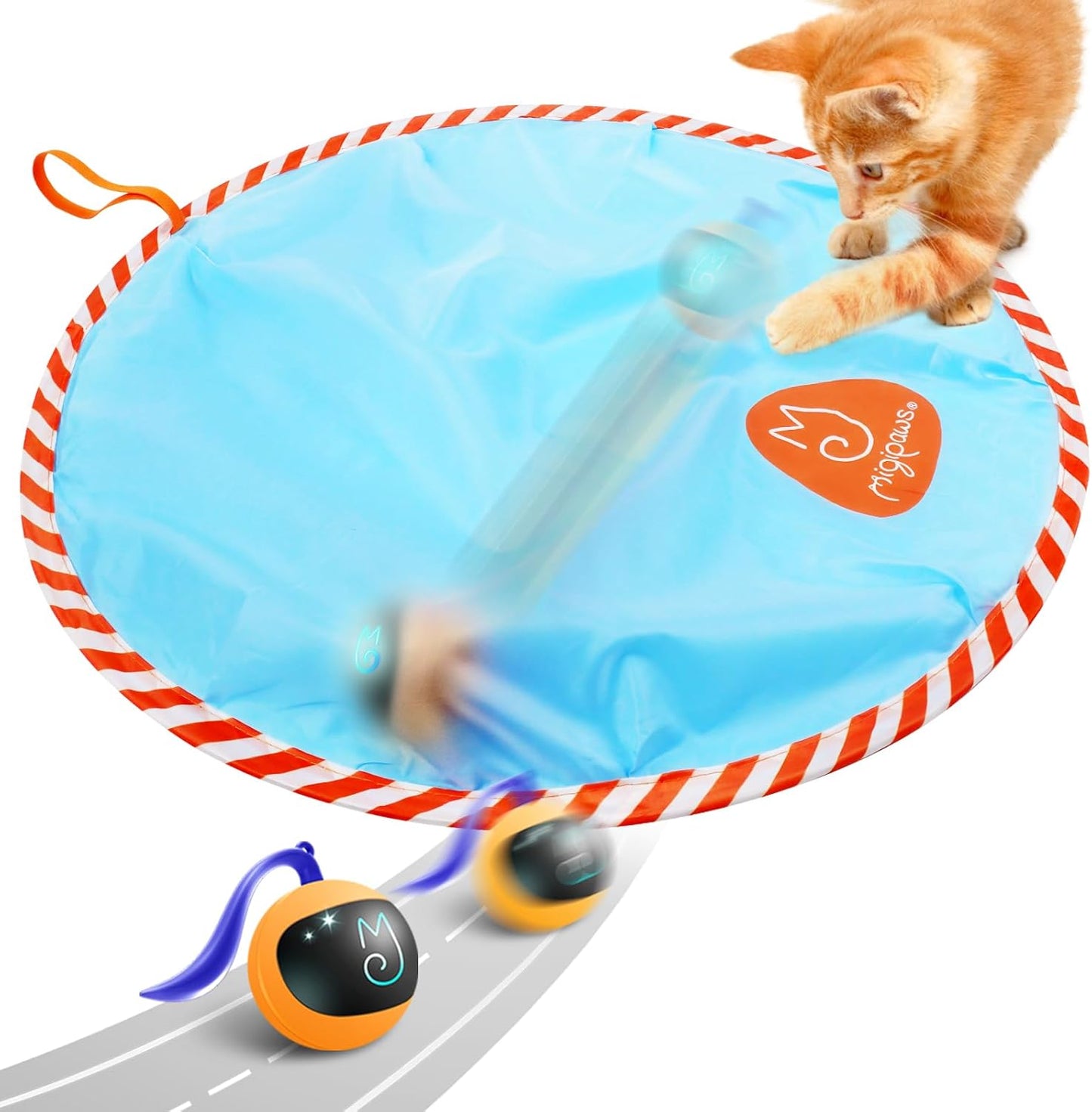 Migipaws Interactive Cat Ball Toy Set, Fun Tracker, Glowing Chase Ball with MystiChaser Pouch, Fluffy Tail, A Small Mice (Orange)