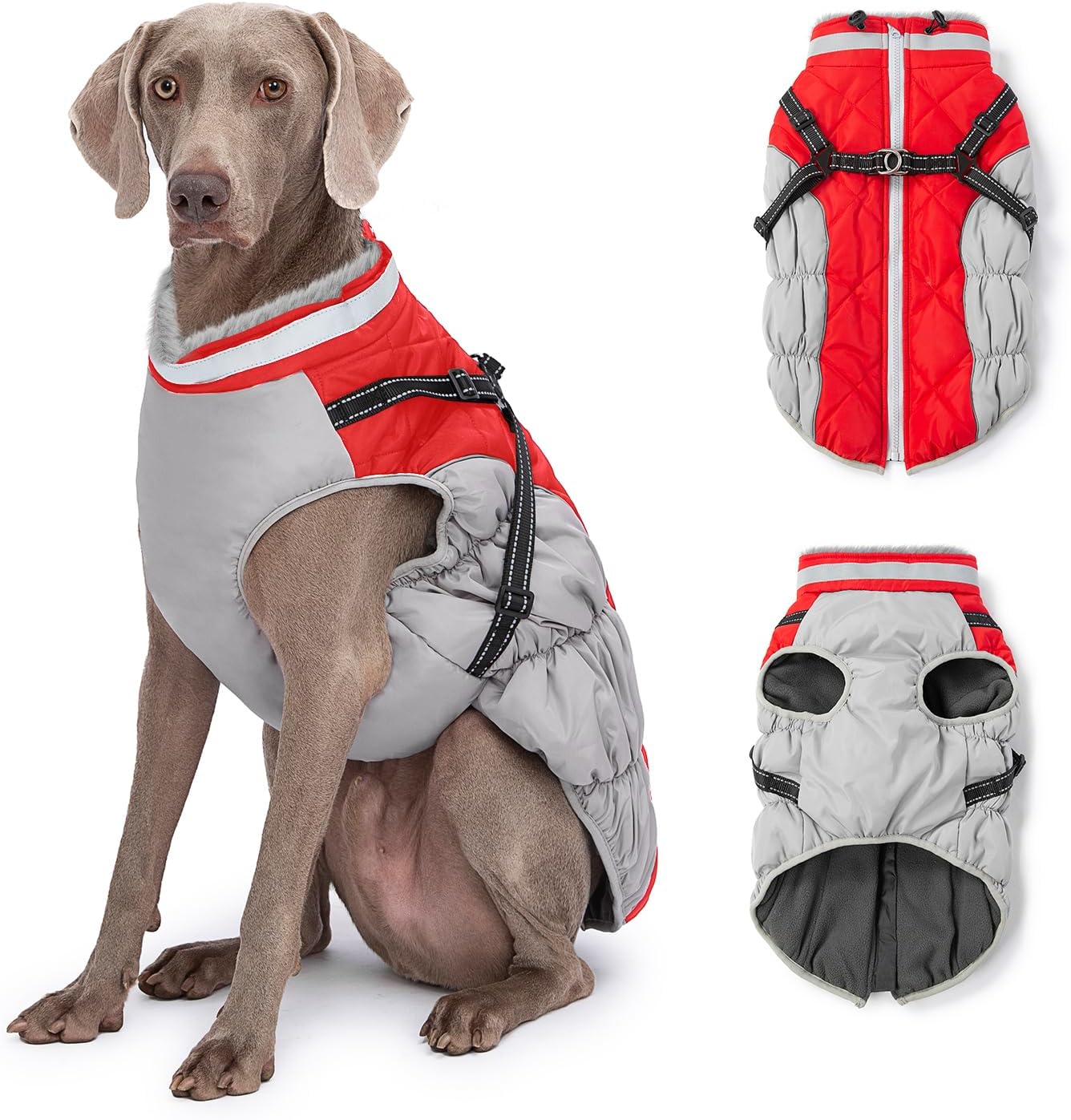Dog Winter Coat with Harness, Dog Jacket, Pet Clothes with Zipper on Back, Waterproof Windproof Warm Vest, Reflective Cold Weather Coats, for Small Medium Large Dogs, Thick, Red, XL