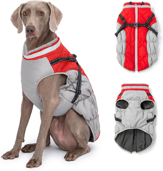 Dog Winter Coat with Harness, Dog Jacket, Pet Clothes with Zipper on Back, Waterproof Windproof Warm Vest, Reflective Cold Weather Coats, for Small Medium Large Dogs, Thick, Red, XL