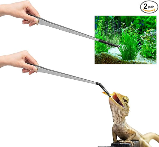 Lasnten 2 Pcs Extra Long Stainless Steel Reptile Feeding Tongs with Rubber Tip Bearded Dragon Aquarium Straight and Curved Long Tweezer Terrarium Feeder Tool for Tank(Silver, 18.5 Inch, 18.9 Inch)