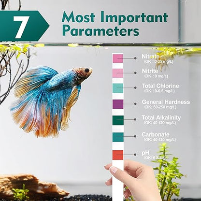 7 Way Aquarium Test Strips, 125 Count Fish Tank Test Strips for Freshwater Saltwater Pond, Water Testing Kit Aquarium for Chlorine, Total Hardness, Carbonate, Alkalinity, Nitrate, Nitrite and pH