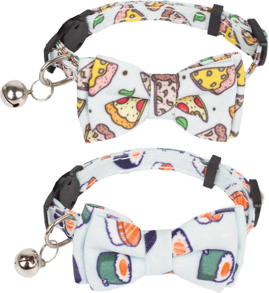 ADOGGYGO Cat Collar Breakaway with Bow Tie Bell - 2 Pack Kitten Collar with Removable Bowtie, Sushi Pizza Bowtie Collar for Cats Kittens (6.5"- 8.5")