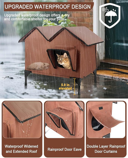 Heated Cat House for Outside, Large Elevated Waterproof Outdoor Cat House Weatherproof with Escape Doors and Heating Pad for Winter, Sturdy Insulated Outdoor Cat Shelter for Multiple Cats, Brown