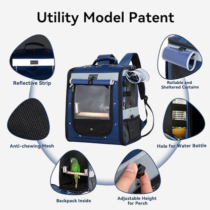 Petsfit Bird Carrier with Anti-Pecking Band,Bird Backpack Carrier with 2 Level Height to Adjust Standing Perch and Shade Cover Blue