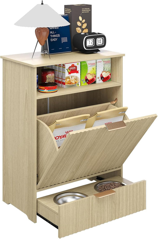 Fluted Dog Feeding Station, Dog Food Storage Container with Raised Bowls, Pet Feeder Station Food Cabinet for Toy Feeding Watering Supplies, Natural Oak