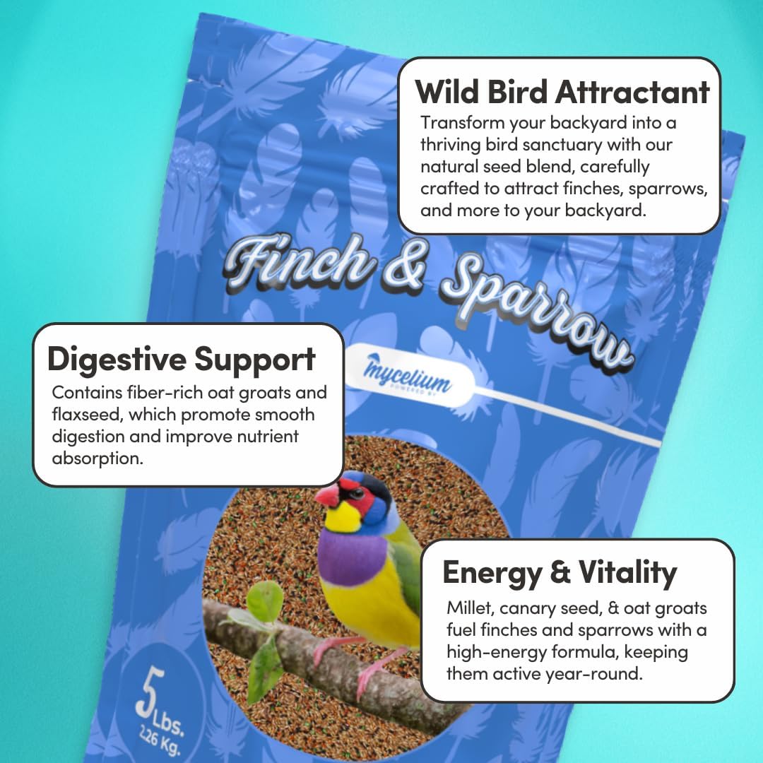 Mycelium Finch and Sparrow Plus | Organic & Non-GMO Bird Food with Vitamins, Seeds & Whole Eggs | Perfect for Outside Feeders | Sustainable Wild Bird Seed, 5 lbs