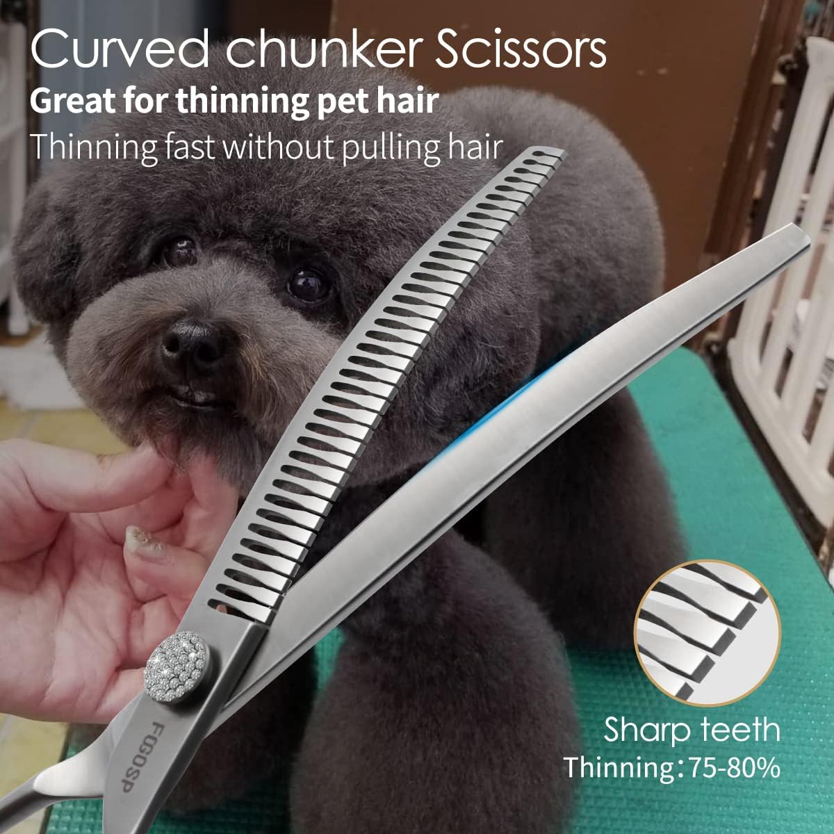 7.0'' Curved Chunkers Shears for Dog Grooming Professional Magic Grooming Scissors with Big Artificial Diamonds 30 Teeth for Large Dogs(7.0 in, Curved Chunkers)