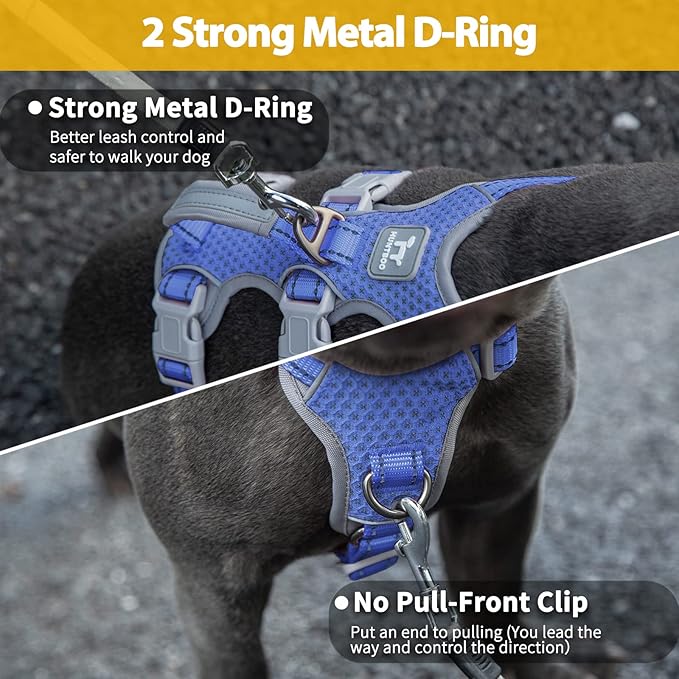 Huntboo Escape Proof Dog Harness, No Pull Reflective Harness with Lift Handle, Adjustable Pet Vest with Front and Back Leash Clips for Small Medium Large Dogs Walking Hiking Training (Vista Blue,L)
