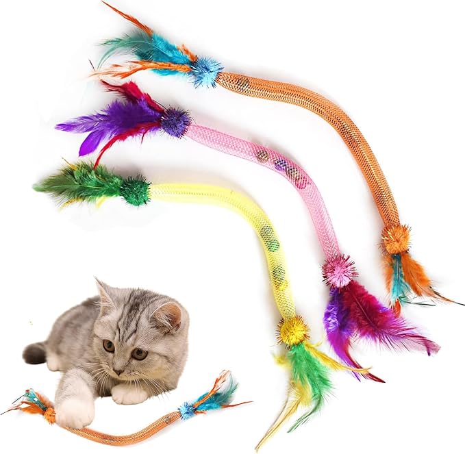 Cat Toys for Indoor Cats with Catnip – 3 Pack Feather Elastic Mesh Chew with Pom-Pom Cat Toys, 19.5 Inch Durable Kitten Teething Cat Toy Bundle with Bells