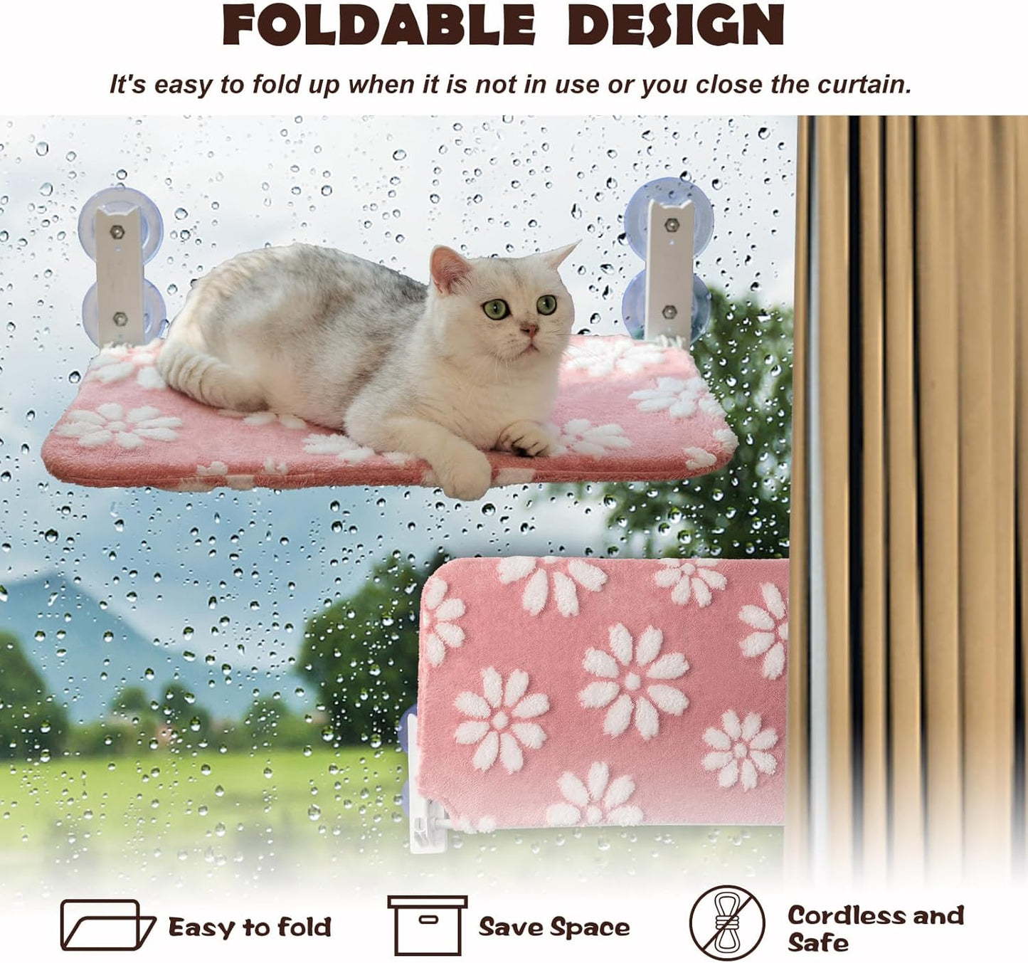 Cat Window Perch, Foldable Cat Window Hammock with Cute 3D Textured Flower Cover, Breathable Mesh Cover and Strong Suction Cups, Cordless Window Seat Bed for Indoor Cats (Pink, Medium)