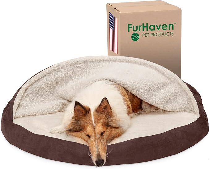 Furhaven 44" Round Orthopedic Dog Bed for Large Dogs w/ Removable Washable Cover, For Dogs Up to 80 lbs - Sherpa & Suede Snuggery - Espresso, 44-inch