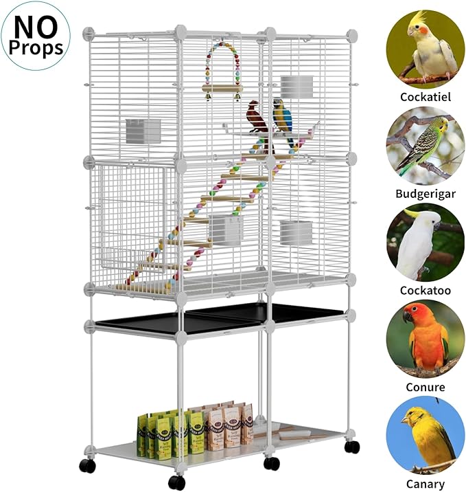 Standing Large Bird Cage, Parakeet Cage with Detachable Stand & Wheels, Wide Flight Birdcage for Parrot Cockatiel Conure Budgie Canary Finch Lovebird