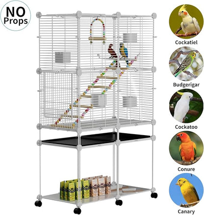 Standing Large Bird Cage, Parakeet Cage with Detachable Stand & Wheels, Wide Flight Birdcage for Parrot Cockatiel Conure Budgie Canary Finch Lovebird