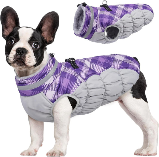 FUAMEY Dog Coat for Small Dogs,Waterproof Dog Winter Jacket with Harness Built in Puppy Cold Weather Coats Reflective Pet Vest with Zipper Warm Fleece Dogs Snowsuit Windproof Purple Plaid XS