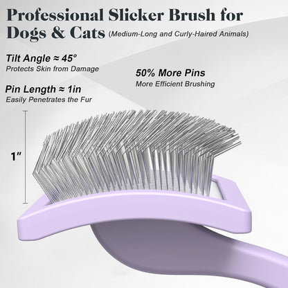 2PCS Slicker Brush for Dogs & Pet Comb,Professional Dog Grooming Brush (Goldendoodles,Poodles,Labradoodles) with Extra Long Pins to Effectively Remove Tangles, Knots and Mats (Light Purple Large)
