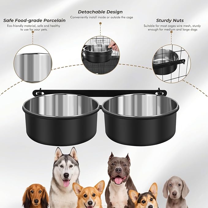 Yummy Sam Hanging Pet Dog Food Water Bowl for Cage, Stainless Steel Non-Spill Kennel Hanging Cats Pets Bowls with Clamp Holder Crate Feeder Dish for Medium Large Dogs Pets (Black)