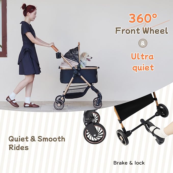 3-in-1 Pet Stroller for Small Dogs & Cats up to 33lbs, One-Touch Fold 4-Wheel Cart with Removable Carrier, Rear Brake & Storage Basket