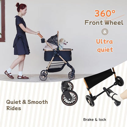 3-in-1 Pet Stroller for Small Dogs & Cats up to 33lbs, One-Touch Fold 4-Wheel Cart with Removable Carrier, Rear Brake & Storage Basket