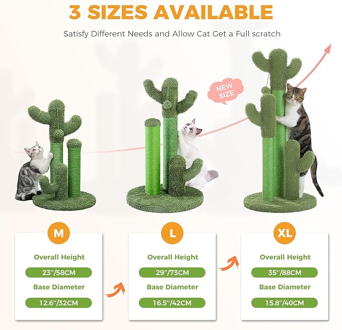 PAWZ Road Cat Scratching Post Cactus Cat Scratcher Featuring with 3 Scratching Poles and Interactive Dangling Ball -Medium 23 Inches