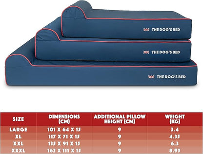 The Dog’s Bed Orthopedic Headrest Dog Bed Large Blue Oxford with Red Trim UK Flag Dog Bed, Memory Foam, Hip & Elbow Dysplasia, Post Surgery, Waterproof Washable Cover