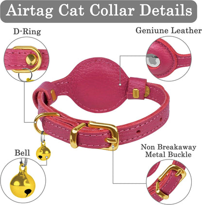 OOPSDOGGY Leather AirTag Cat Collar with Bell - Non Breakaway Kitten Collar with Apple Air Tag Holder - Lightweight GPS Pet Collars for Girl Boy Cats, Small Dogs, Puppies (Pink)