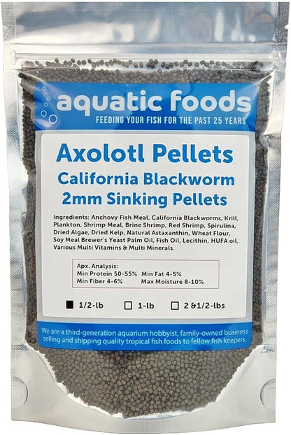 Aquatic Foods Inc. Axolotl Blackworm Pellets. 2mm-1/16 Sinking California Blackworm Small Pellets for Small Axolotl, Frogs, Shrimp, Salamanders, Newts, Snails…1/2-lb Pouch Bag