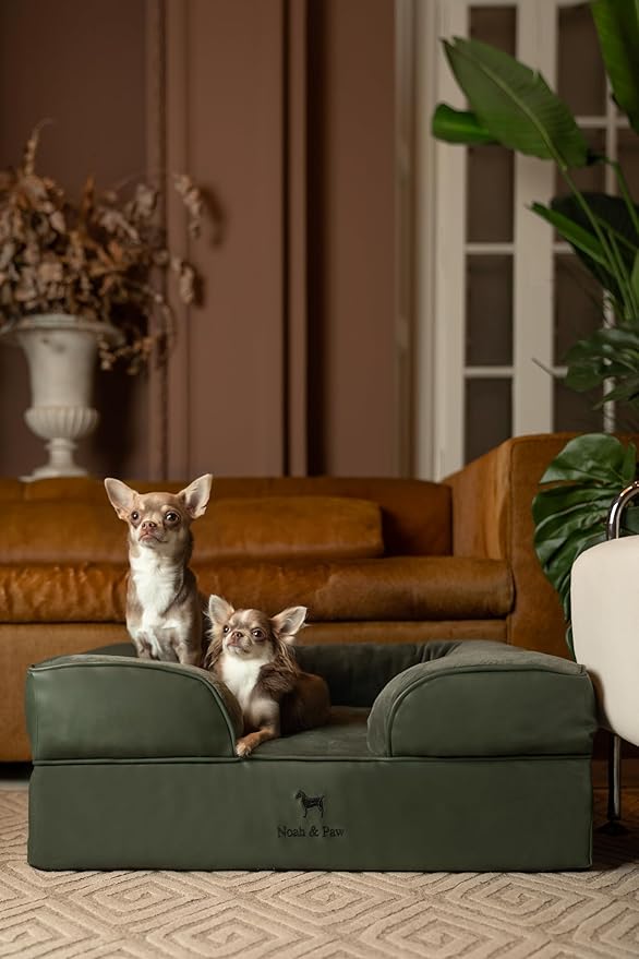 NOAH & PAW Dog Bed, 28x23x11 Inch, Orthopedic Dog Beds for Medium Size Pets, Eggshell Memory Foam Infused with Cooling Gel, Inner Cover, Waterproof, Machine Washable (Faux Leather Sofa Collection)
