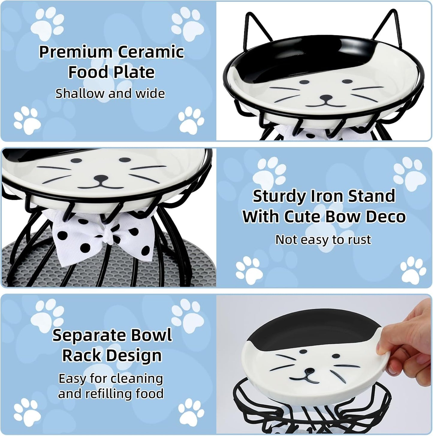 Elevated Cat Food Dish, Ceramic, Non-Slip Stand, Raised Feeding Station, 5 in, Shallow for Whiskers, Dishwasher Safe