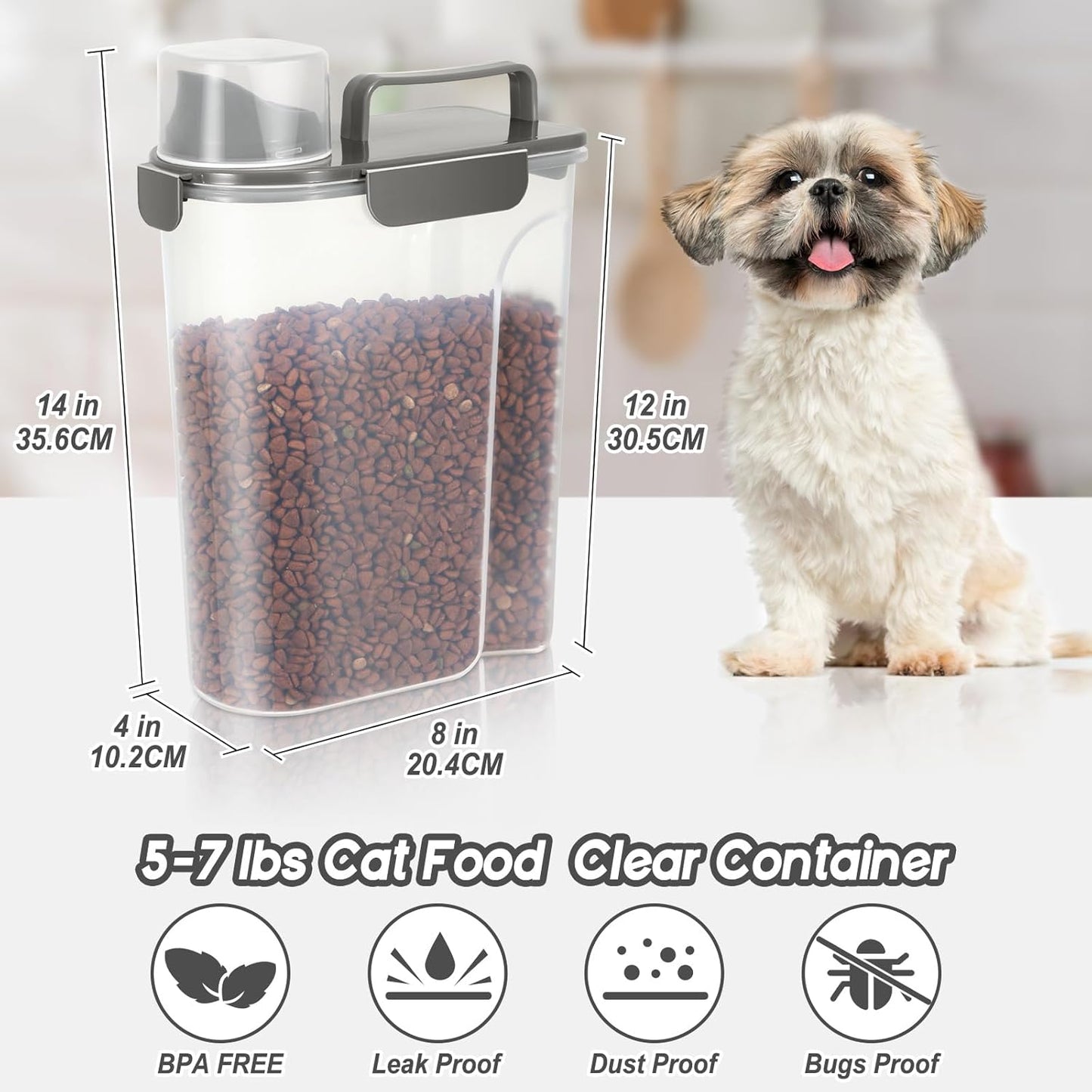 5-7Lbs Cat Dog Pet Food Storage Container with Large Nozzle Design/4 Safety Buckles/Double-Layer Sealing Strips/Handle/Measuring Cup is Easy to Clean and Does BPA-free