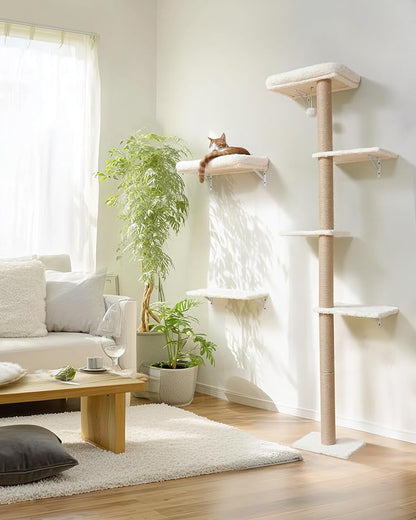 FUKUMARU Cat Wall Shelves, Stable Wall Mounted Cats Furniture Set, Kitten Scratching Post with Soft Cushion Perch, Space Saving Climbing Wall for 16 Inch Drywall - Beige