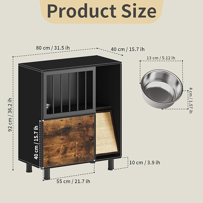 Wood Dog Proof Cat Feeding Station with Storage Box and Removable Bowl, Outdoor Cat Feeding Table with Scratching Board, Vintage Pet Furniture for Indoor