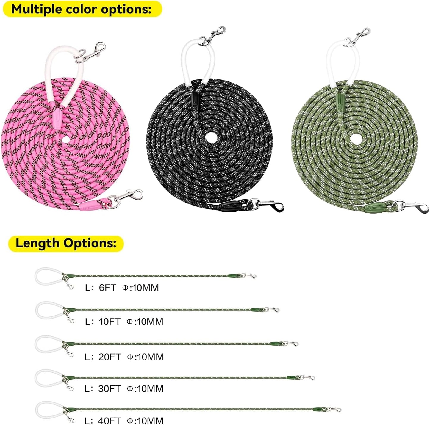 Nylon Dog Leash 6FT 10FT 20FT 30FT Diameter 2/5 Inch with Comfortable Silicone Handle Highly Reflective No Tangle for Medium Large Dogs Outside Walking Camping Backyard. (Black, 10FT * 2/5Inches)