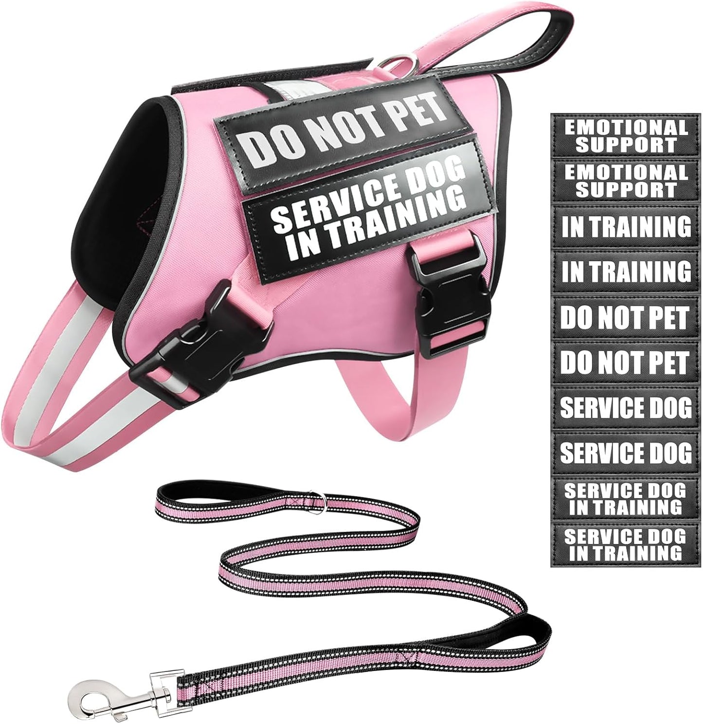 Service Dog Vest Harness and Leash Set+10 Patches,No Pull&Easy Walk Reflective Dog Harness with Soft Padded Handle for Training/Everyday,Fit Small/Medium/Large/Extra-Large Dogs(Pink S)