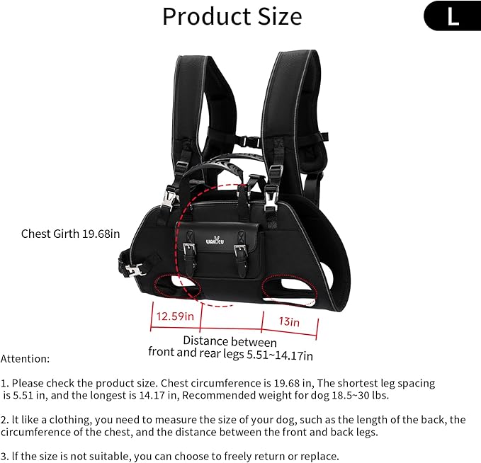 Dog Backpack Carrier for Dogs,Dog Lift Harness,Adjustable Padded Breathable Straps for Dogs, Disabled, Joint Injuries, Arthritis,L